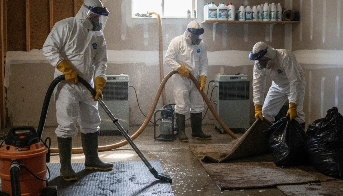 Basement flood cleanup in Vallejo, CA by water damage restoration crew removing standing water