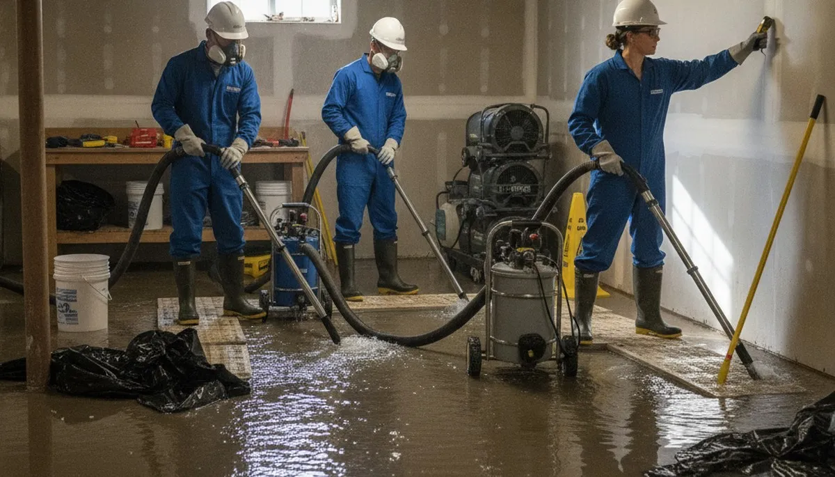 Water damage technician cleaning basement flood in Vallejo, CA home