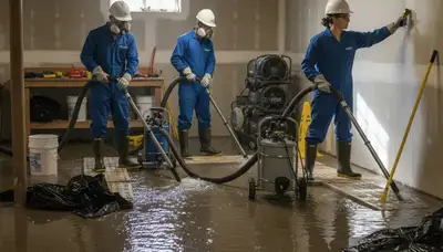 Water damage technician cleaning basement flood in Vallejo, CA home