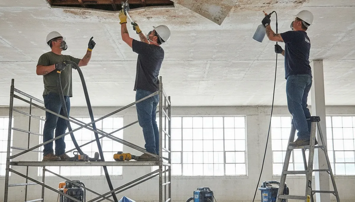 Ceiling water damage repair in Vallejo, CA by restoration team inspecting moisture stains and repairs