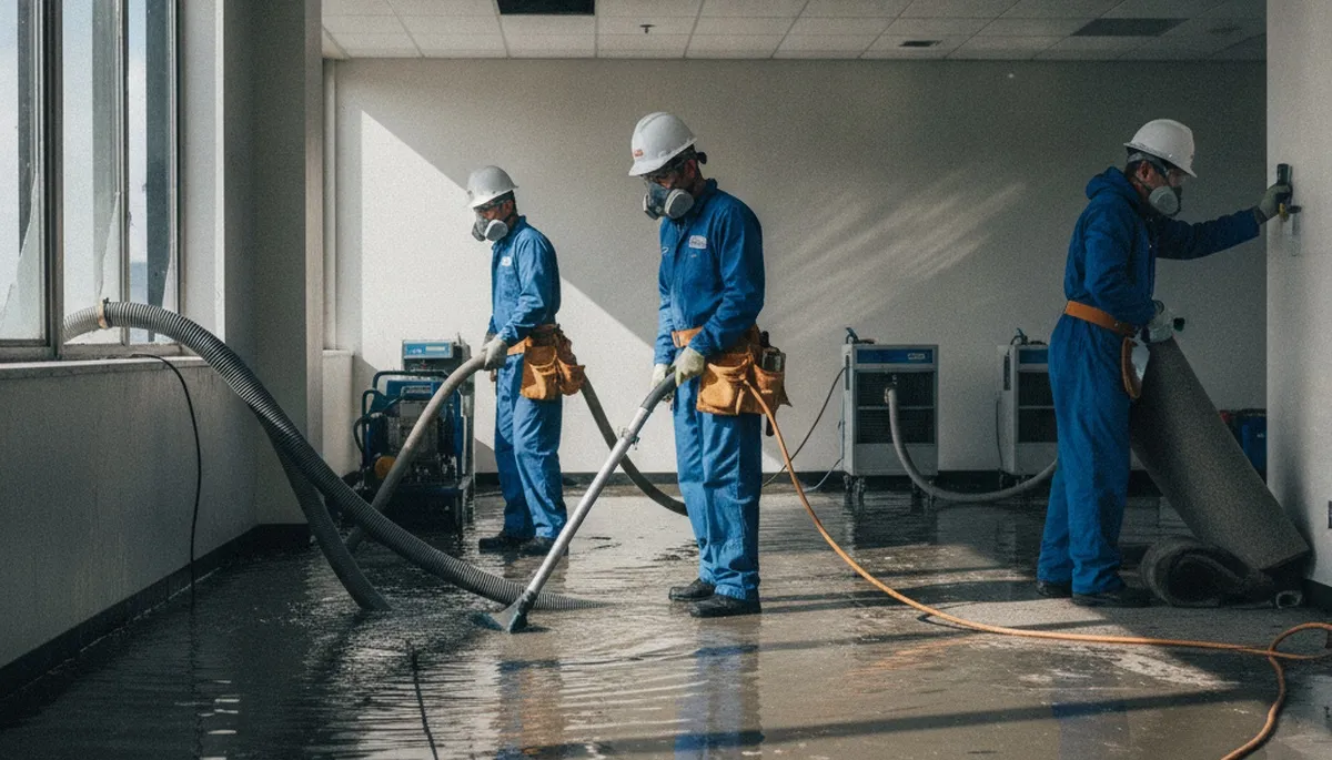 Commercial water damage restoration crew in Vallejo, CA drying a flooded business interior