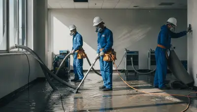 Commercial water damage restoration crew in Vallejo, CA drying a flooded business interior