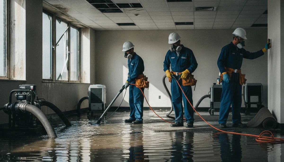 Commercial water damage restoration team in Vallejo, CA assessing moisture damage in a business property