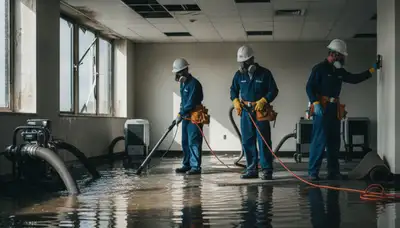 Commercial water damage restoration team in Vallejo, CA assessing moisture damage in a business property