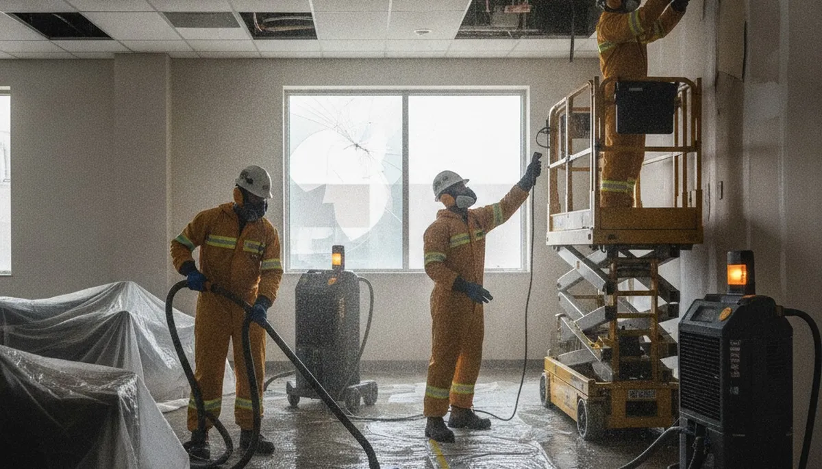 Water damage restoration team responding to a Vallejo, CA home emergency with drying equipment