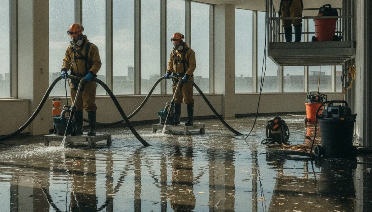 Vallejo, CA water damage crew removing standing water from a flooded home after pipe burst