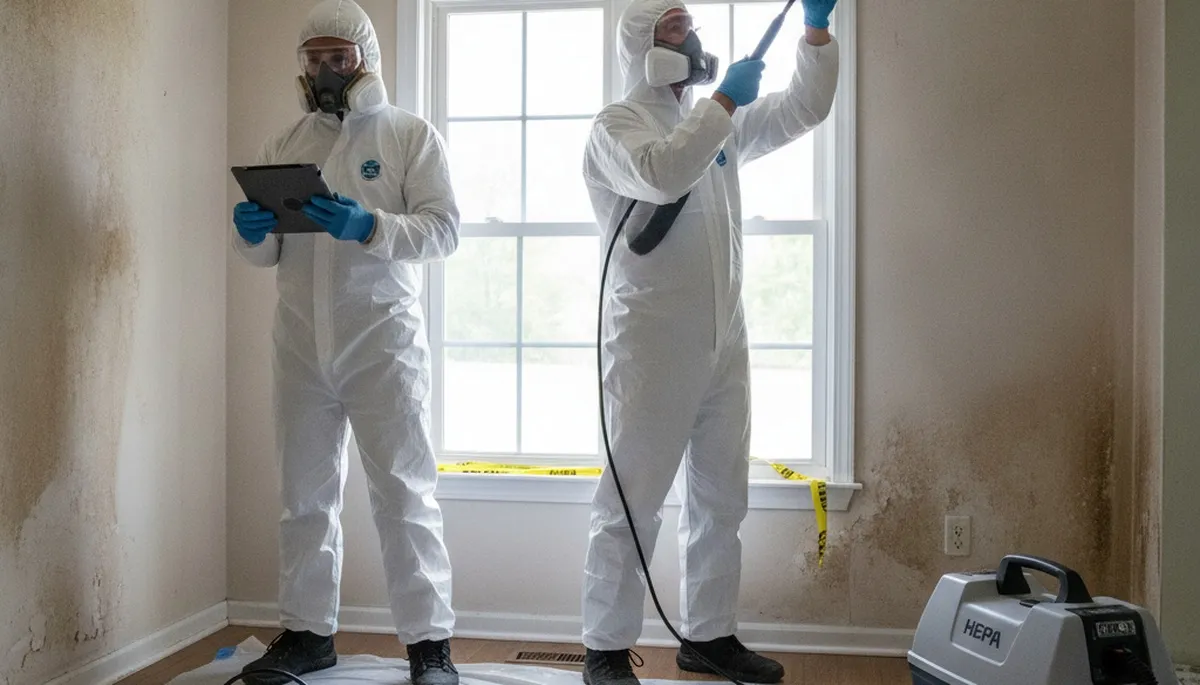 Mold inspection technician assessing moisture damage in Vallejo, CA home