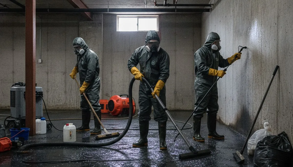 Vallejo, CA sewage cleanup crew sanitizing a flooded home after pipe backup