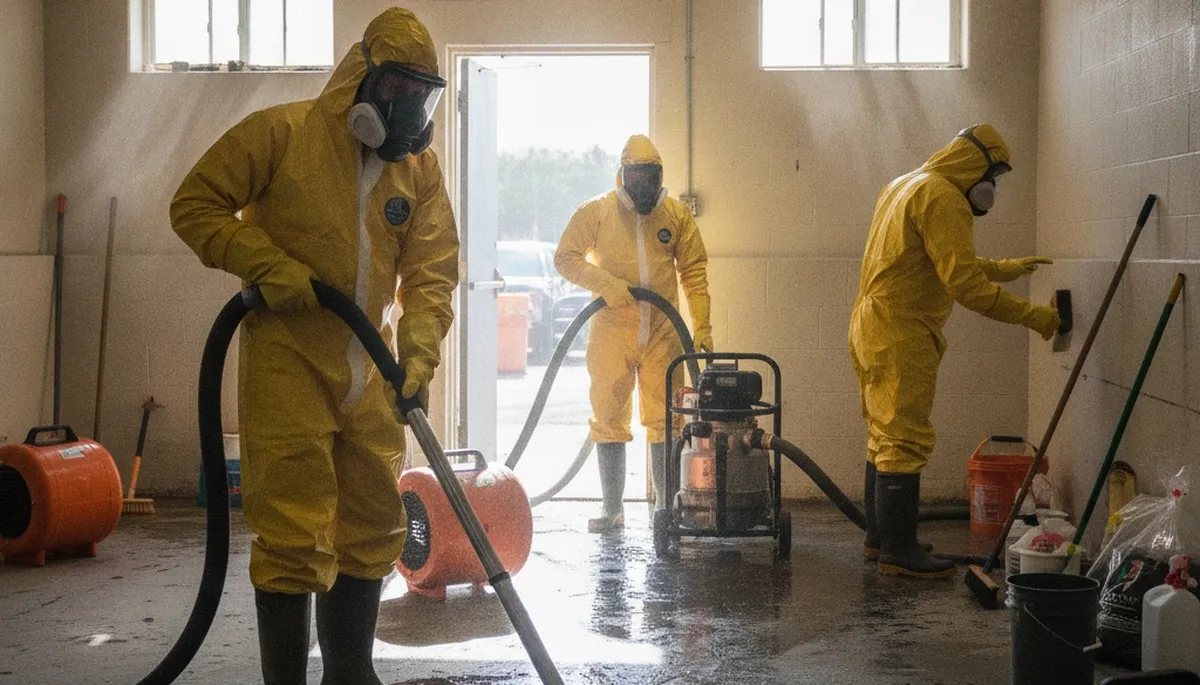 Vallejo, CA sewage cleanup team sanitizing water-damaged home after sewer backup