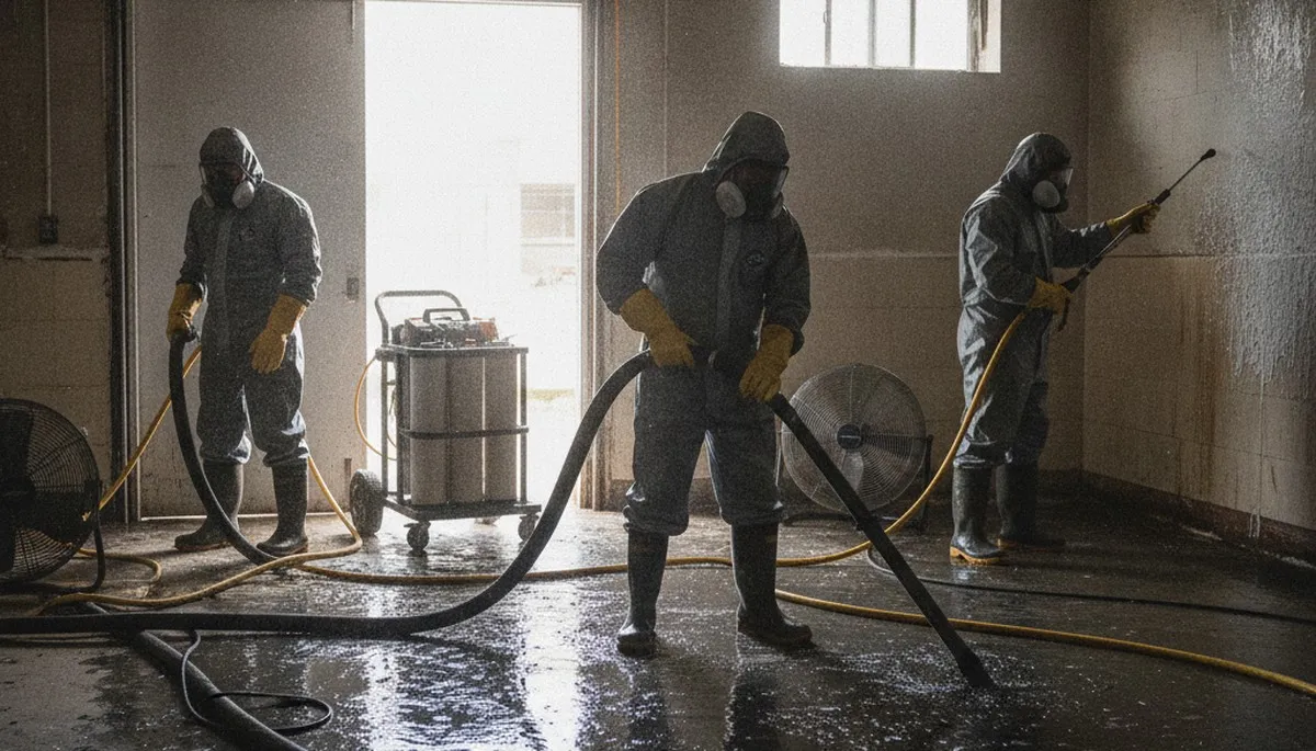 Sewage cleanup team servicing a Vallejo, CA home after pipe backup and water damage