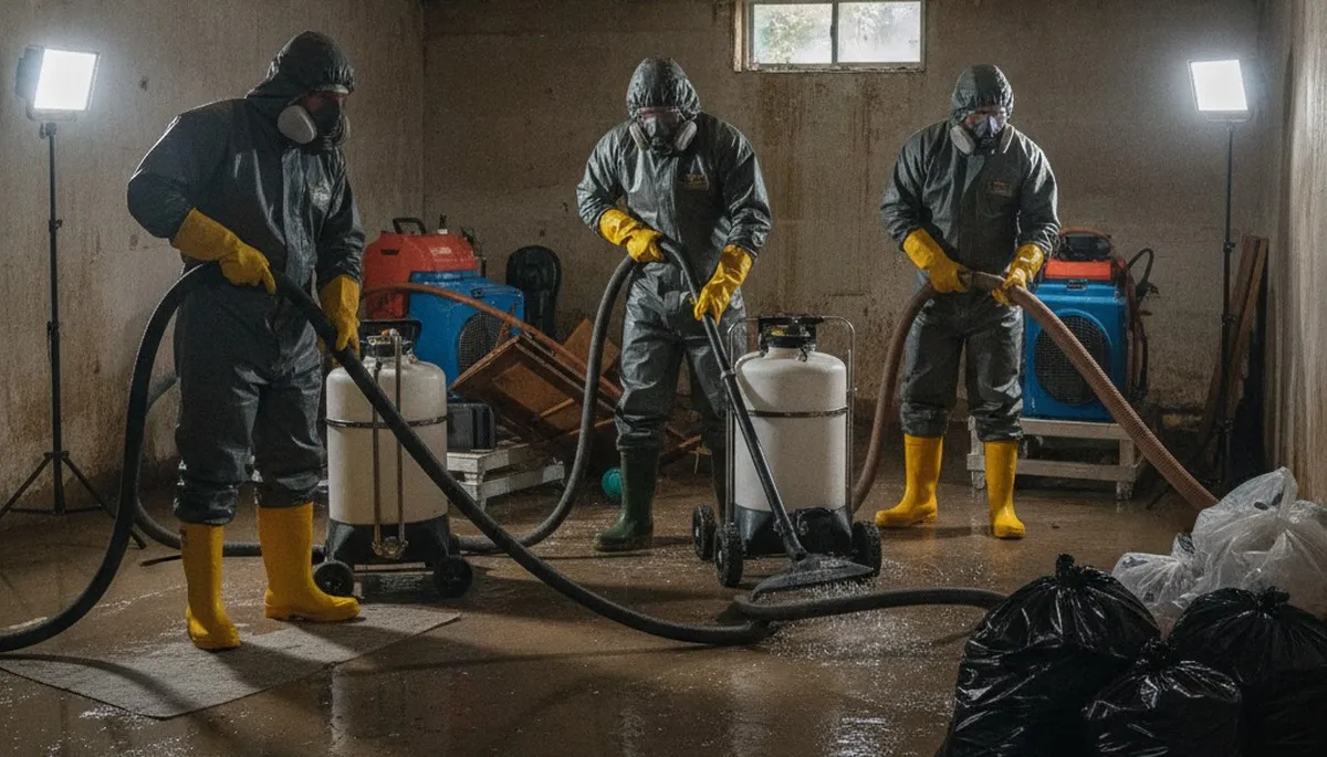 Vallejo, CA sewer backup cleanup team removing wastewater from a home floor with restoration equipment