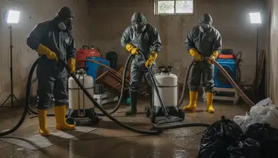 Vallejo, CA sewer backup cleanup team removing wastewater from a home floor with restoration equipment