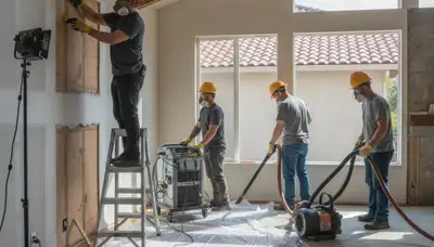 Vallejo, CA water damage restoration team inspecting and drying a flooded property