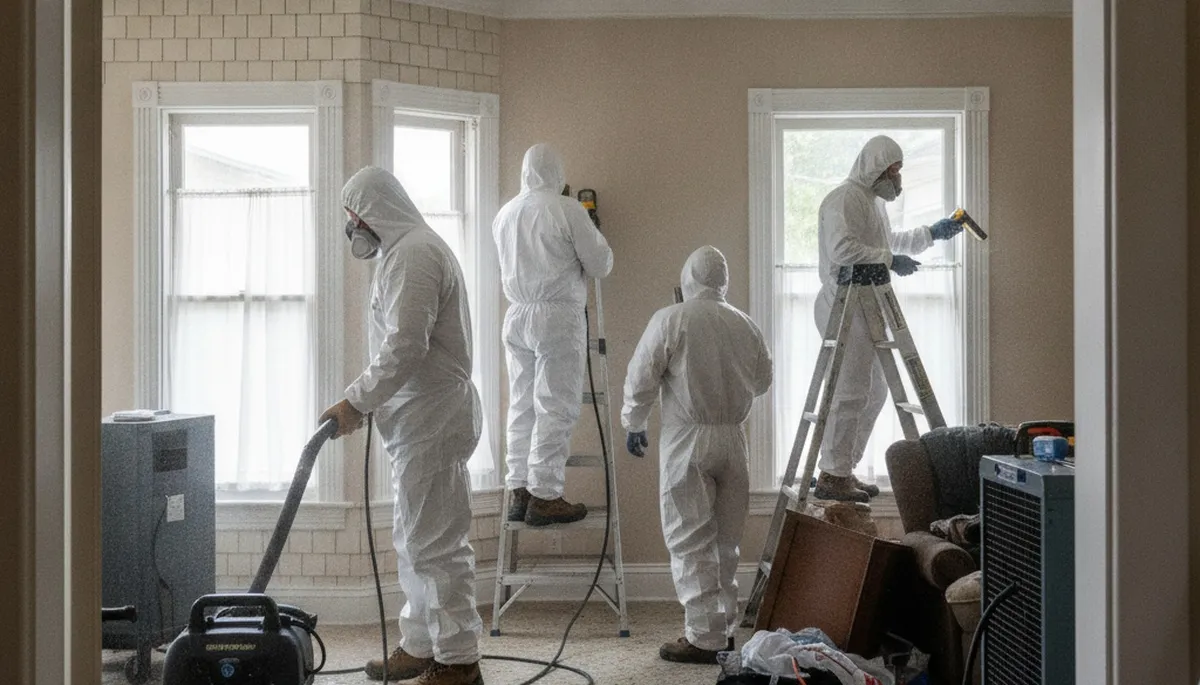 Water damage restoration team in Vallejo, CA inspecting and drying a damaged property