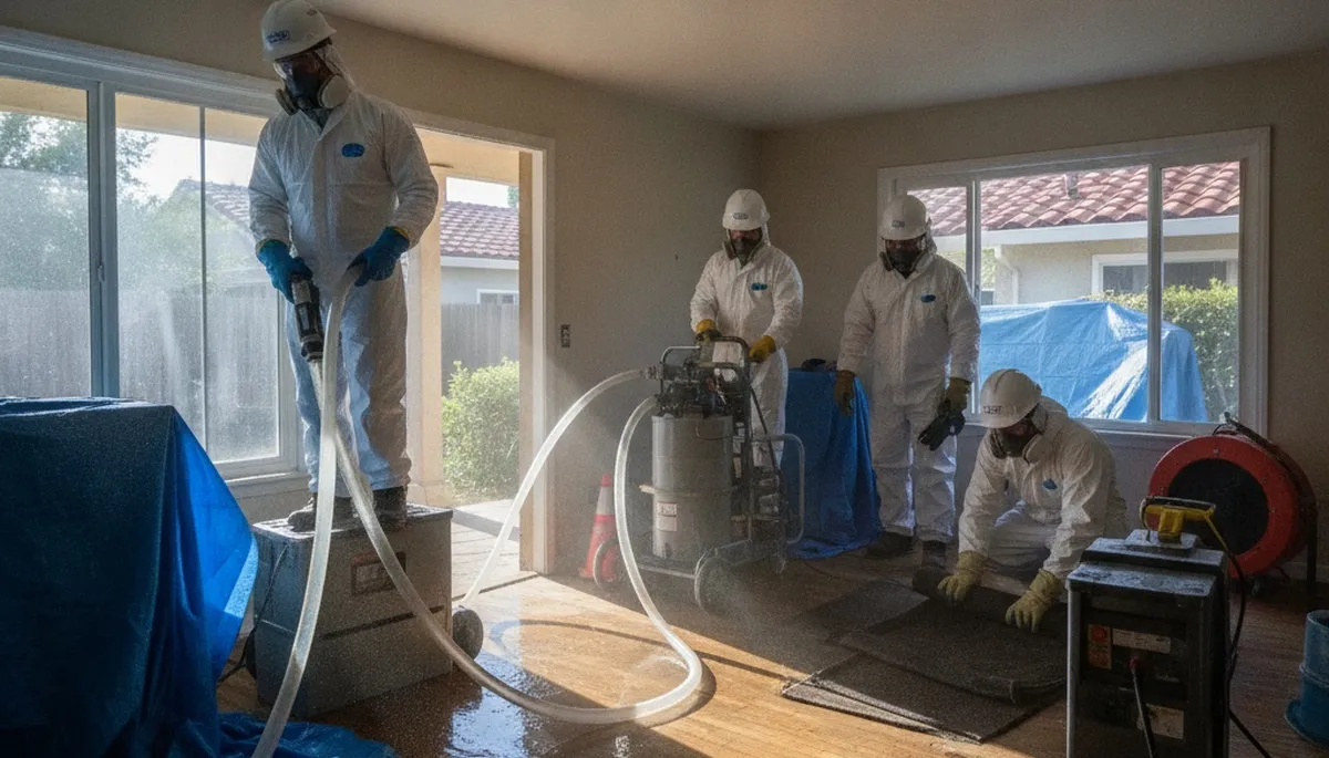 Water damage restoration crew serving Vallejo, CA, inspecting and drying a damaged property