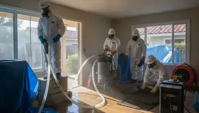 Water damage restoration crew serving Vallejo, CA, inspecting and drying a damaged property