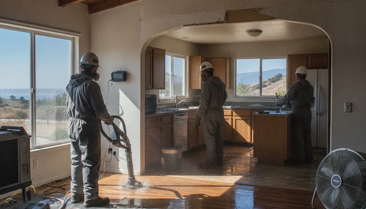 Water damage restoration crew in Vallejo, CA inspecting and drying a damaged home