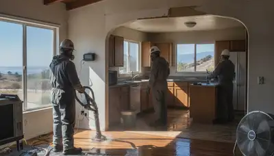 Water damage restoration crew in Vallejo, CA inspecting and drying a damaged home
