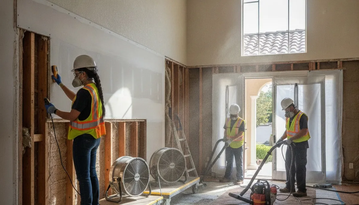 Water damage restoration team in Vallejo, CA repairing a flooded property