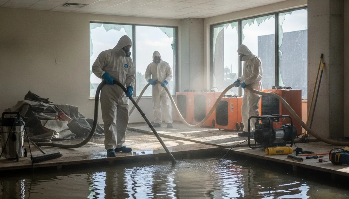 Water extraction crew removing standing water in Vallejo, CA home after flooding