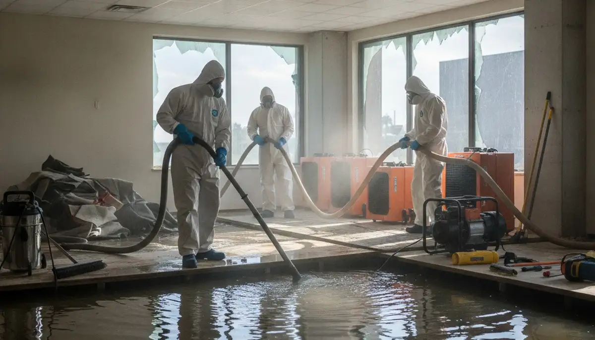 Water extraction crew removing standing water in Vallejo, CA home after flooding